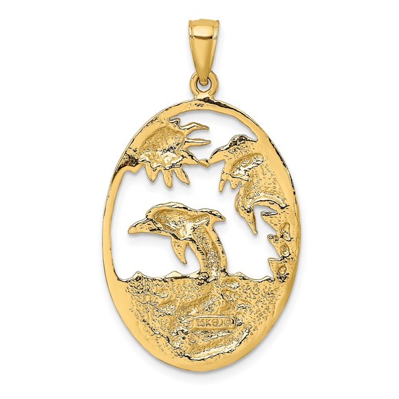 14k Yellow Gold Dolphin Nautical Jumping in Ocean Scene Necklace Charm Pendant - Picture 4 of 4